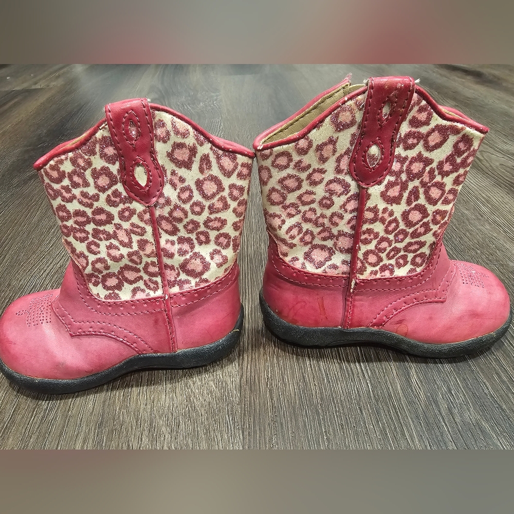 ROPER hot pink sparky leppard print leather cowgirl boots INFANT SIZE 5